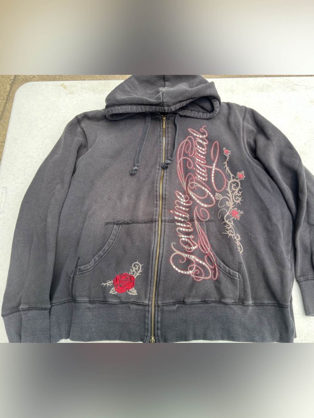 Disney Black Zip-Up Hoodie with Red Rose Embroidery